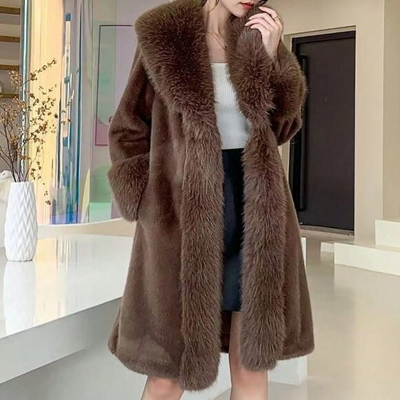 Brown Casual Women's Elegant Faux Fur Collar Jacket - Picture 5 of 8